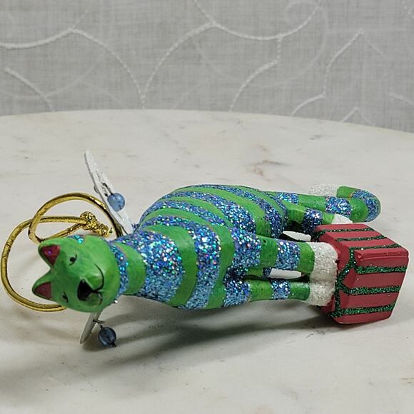 Vtg Cat Christmas Ornament 6.5" Green Glitter Striped Angel Wings Holiday Decor - Picture 6 of 15